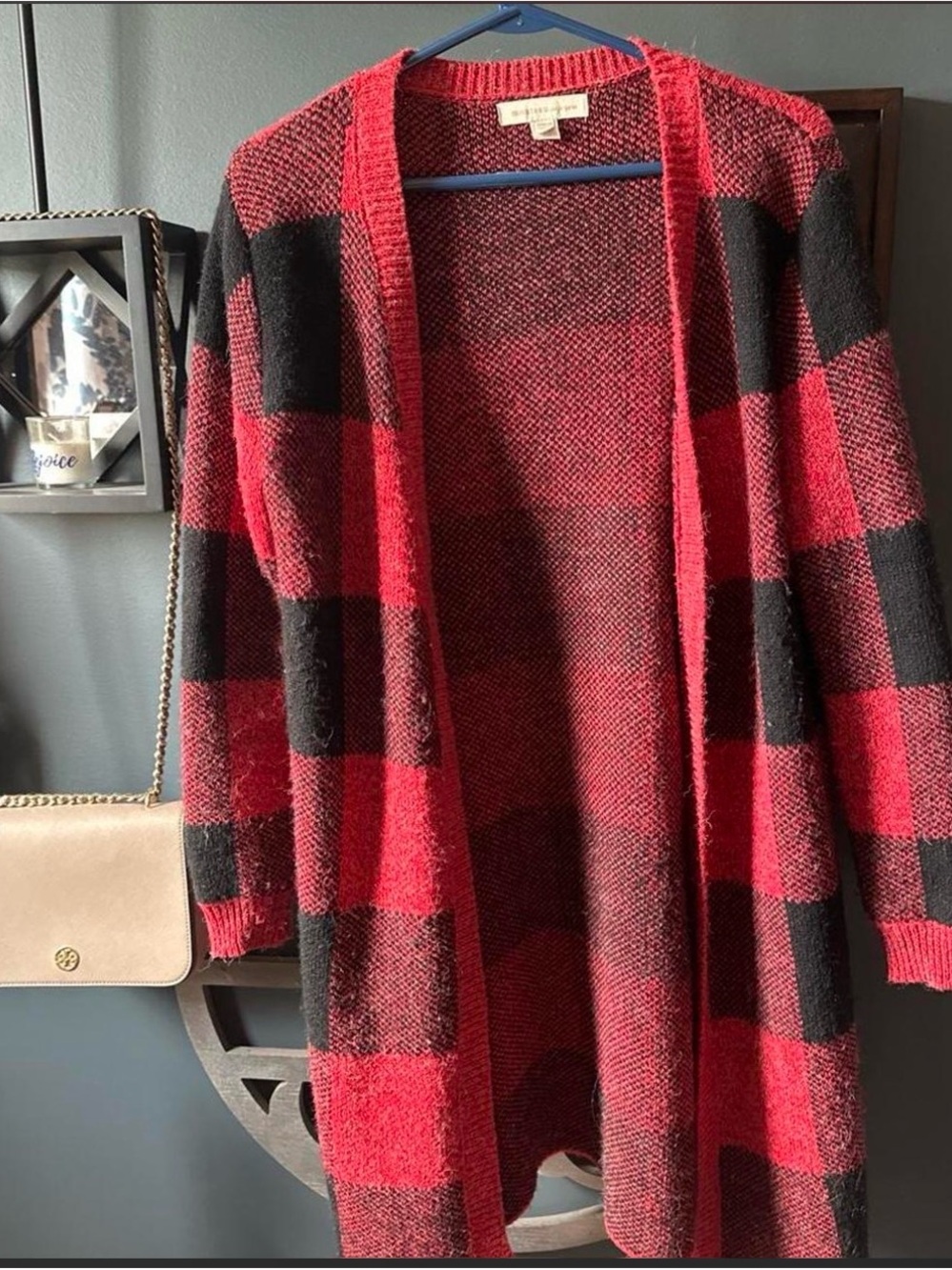 Monteau Red and Black Buffalo Plaid Open Cardigan